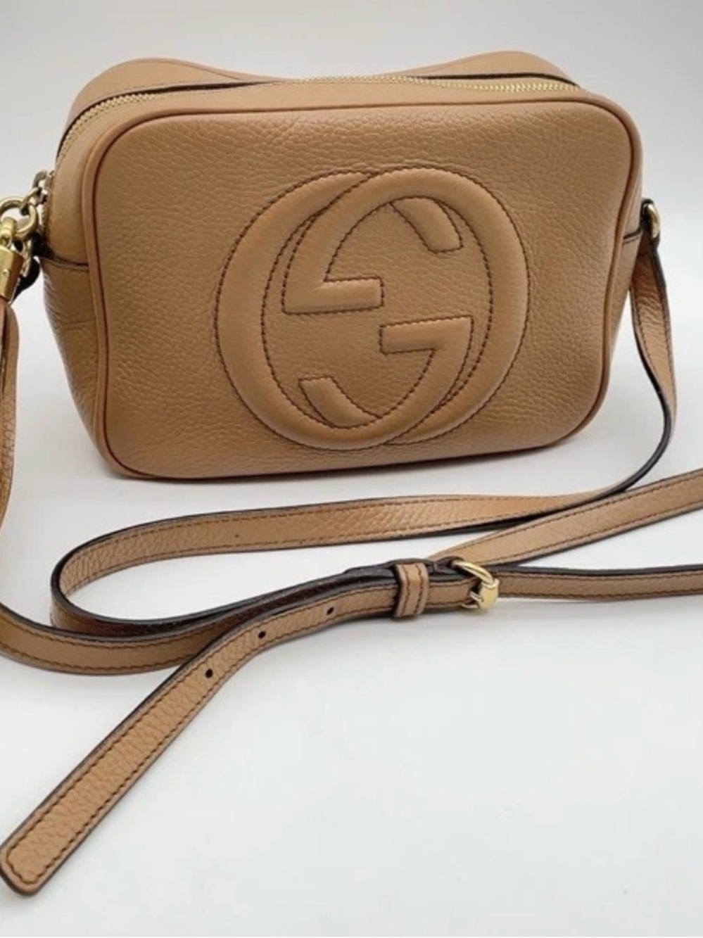 Auth GUCCI Sawhorse Small Disco Bag Pebbled Leather Beige 308364 W/Box/Dust-bag - Picture 2 of 11